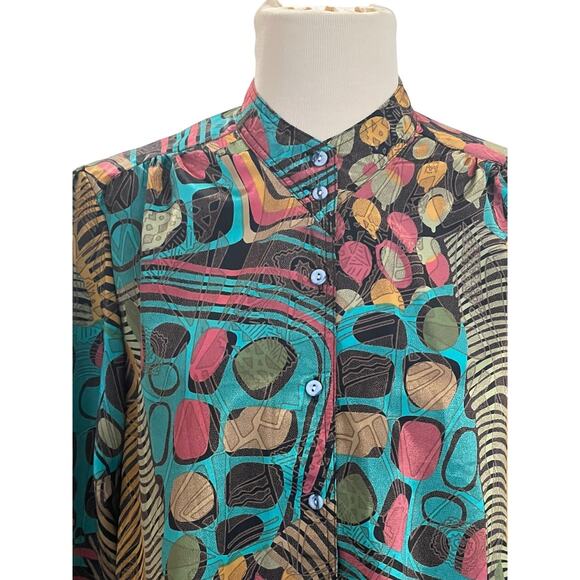 Vintage Over Star Large 100% Silk Mandarin Button Band Collar Jungle Pattern - Picture 2 of 8